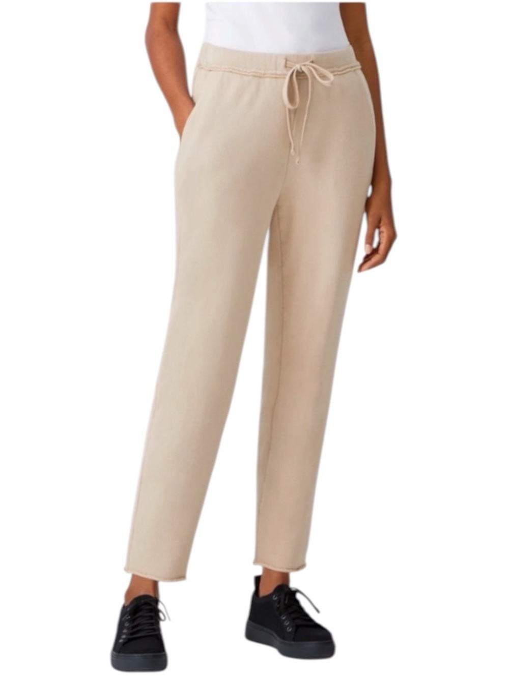 Eileen Fisher Tan Track Pants High-Waisted Straight Leg 100% Organic Cotton Sz S